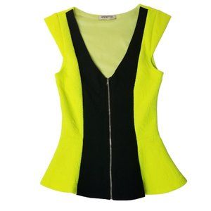 Arden B Top XS Cap Sleeve Zip Front Quilted Safety Yellow Black Polyester Neon